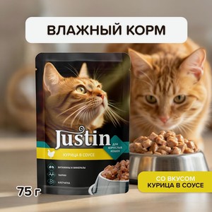 Корм влажный, Justin, 75 г, с курицей