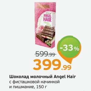 Шоколад молочный  Angel Hair  с фисташковой начинкой и пишмание, 150 г