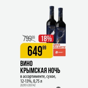 ВИНО КРЫМСКАЯ НОЧЬ в ассортименте, сухое, 12-13%, 0,75 л