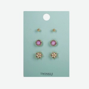 TWINKLE Серьги набор 3 пары Pink Stone, 3 пары