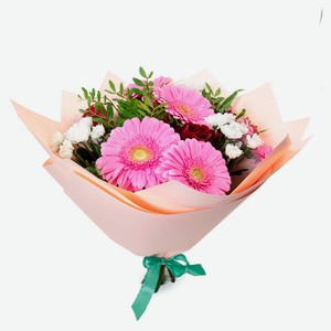 Букет живых срезанных микс 4 из герберы гипсофилы и розы в упаковке в ассортименте h 40 см, 1 шт