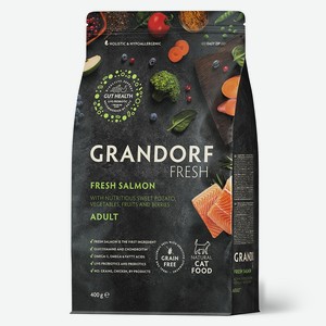 Сухой беззерновой корм для взрослых кошек Grandorf Fresh с живыми пробиотиками филе лосося и батат, 400 г