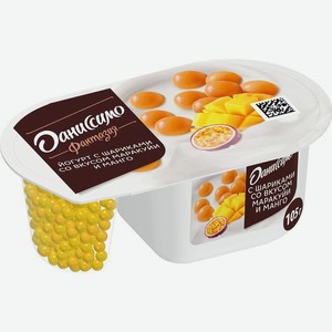 Йогурт Даниссимо Фантазия и хрустящие шарики со вкусом маракуйи и манго в белом шоколаде 6.9% БЗМЖ 105г, 105 г