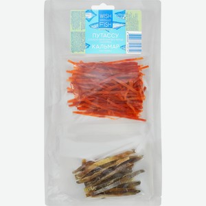 Микс сушено-вяленый WISH FISH Путассу соломка и кальмар паутинка, 70г