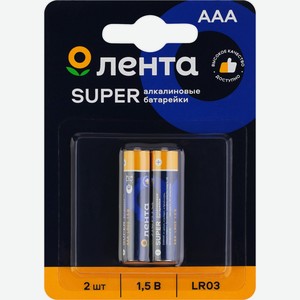 Элемент питания ЛЕНТА ААА, LR03, 1,5В, алкалиновый ALR0302, Китай, 2 шт