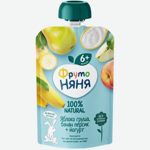 Пюре ФрутоНяня Яблоко, груша, банан, персик с йогуртом с 6 мес. 90г, 90 г