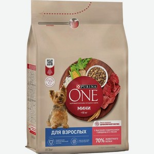 Корм сухой Purina ONE с говядиной и с рисом для взрослых собак мелких и карликовых пород, 3кг, 3 кг