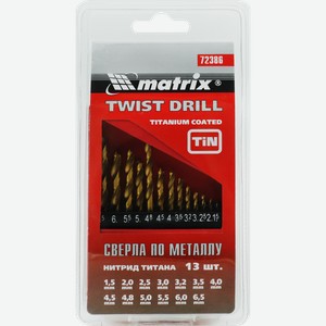 Набор сверл по металлу MATRIX 1,5–6,5мм (через 0,5мм, 3,2мм, 4,8мм) 13шт, сталь НSS, Арт. 72386