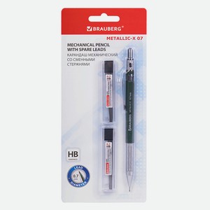BRAUBERG Карандаш механический 0,7 мм + грифели HB 24 штуки, METALLIC-X 0, Зеленый