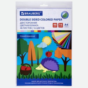 BRAUBERG Цветная бумага А4 ТОНИРОВАННАЯ В МАССЕ, 48 листов 16 цветов, 1 шт.