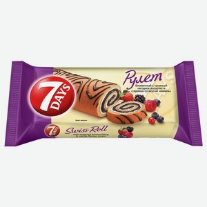 Рулет 7 Days бисквитный с начинкой ягодное ассорти и ванильным кремом 200г, 200 г