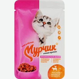 Корм для кошек МУРЧИК мясное ассорти в соусе, Россия, 75 г