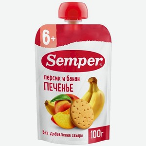 Пюре фруктовое Semper Персик и Банан С Печеньем с 6 месяцев 100г, 100 г