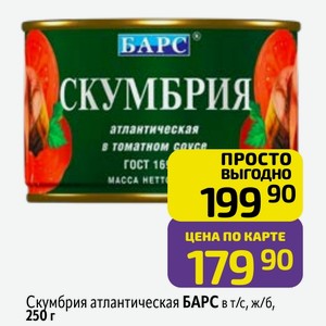 Скумбрия атлантическая БАРС в т/с, ж/б, 250 г