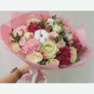 VORNIKOV BOUQUETS Букет с сухоцветами Розовое шампанское, Роза (7 шт.), хлопок (3 шт.), лагурус (13 шт.), диантус сортовой (3 шт.), альстромерия (3 шт.), роза кустовая (3 шт.), писташ, упаковка дизайнерская . Инструкция по уходу за б