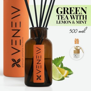 VENEW Диффузор ароматизатор для дома парфюм ЗЕЛЁНЫЙ ЧАЙ С ЛИМОНОМ И МЯТОЙ, 500 мл