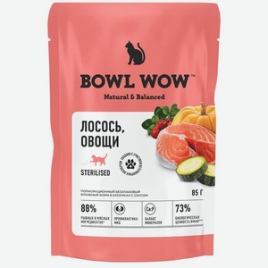 Корм влажный Bowl Wow Кусочки в соусе с лососем и овощами для стерилизованных кошек, 85г