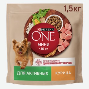 Корм сухой для взрослых собак PURINA ONE Мини Активная, для мелких пород, с курицей и рисом, 1,5кг