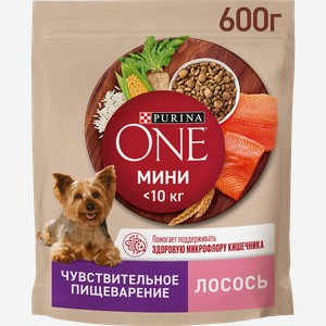 Корм сухой для взрослых собак PURINA ONE Мини Чувствительная, для мелких пород с чувствительным пищеварением, с лососем и рисом, 600г