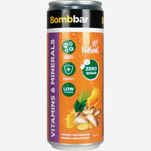Напиток BOMBBAR Лимонад со вкусом имбиря и лемонграса, обогащенный магнием и цинком, газированный, 0.33л