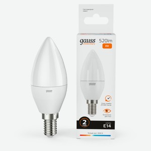 Лампа светодиодная Gauss 8W 3000K Е14 LED теплый белый свет, 1 шт