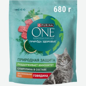 Корм сухой для взрослых кошек PURINA ONE Природа здоровья со спирулиной, для стерилизованных и кастрированных, с высоким содержанием говядины, 680г