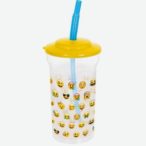 STOR Стакан пластиковый с соломинкой и крышкой 460 мл  Эмодзи Лица , 1 шт