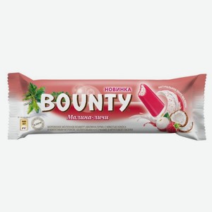 Мороженое Bounty Молочное с мякотью кокоса кокосовым молоком и фруктовым наполнителем с личи в малиновой глазури 6.5%, 64г