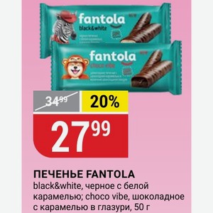 ПЕЧЕНЬЕ FANTOLA black&white, черное с белой карамелью; choco vibe, шоколадное с карамелью в глазури, 50 г