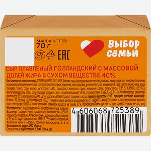 Сыр плавленый ВЫБОР СЕМЬИ Голландский 40%, без змж, 70г