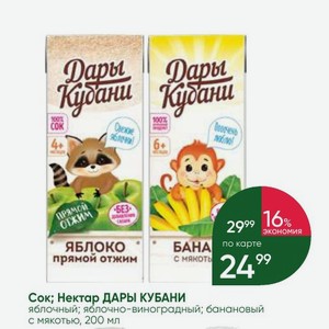 Сок; Нектар ДАРЫ КУБАНИ яблочный; яблочно-виноградный; банановый с мякотью, 200 мл