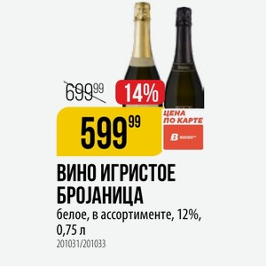 ВИНО ИГРИСТОЕ белое, в ассортименте, 12%, 0,75 л