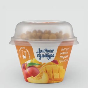 Йогурт ложковый 2.7% «Молочная культура» с персиком, манго и смесью «Гранола с изюмом», 130 г