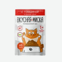 Корм для кошек  Вкусная миска  85 г с говядиной в соусе ООО  МПК  Атяшевский 