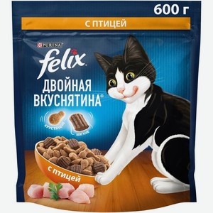 Корм Felix Двойная Вкуснятина сухой с птицей для взрослых кошек 600г, 600 г